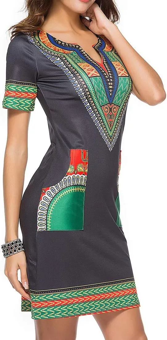 Womens African Attir Bohemian Dashiki Traditional Tribal Vintage Ethnic Midi Dresses