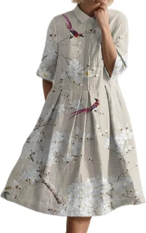 Women's Boho Floral Midi Shirt Dresses Half Sleeve Front Button Pleated A line Summer Beach Party Midi Dress