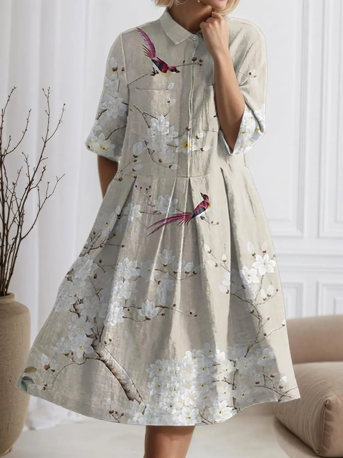 Women's Boho Floral Midi Shirt Dresses Half Sleeve Front Button Pleated A line Summer Beach Party Midi Dress