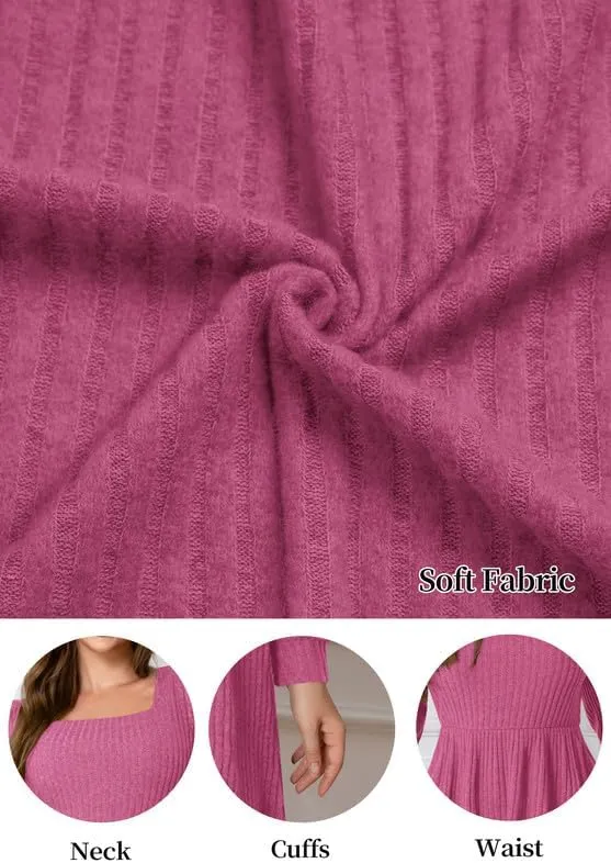 Womens Fall Dresses Knit Sweater Dress with Pockets Square Neck Long Sleeve Dresses with Pockets