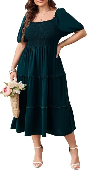 Women's Plus Size Wedding Guest Dress Midi Smocked Square Neck Short Sleeve Tiered Ruffle Casual Dresses