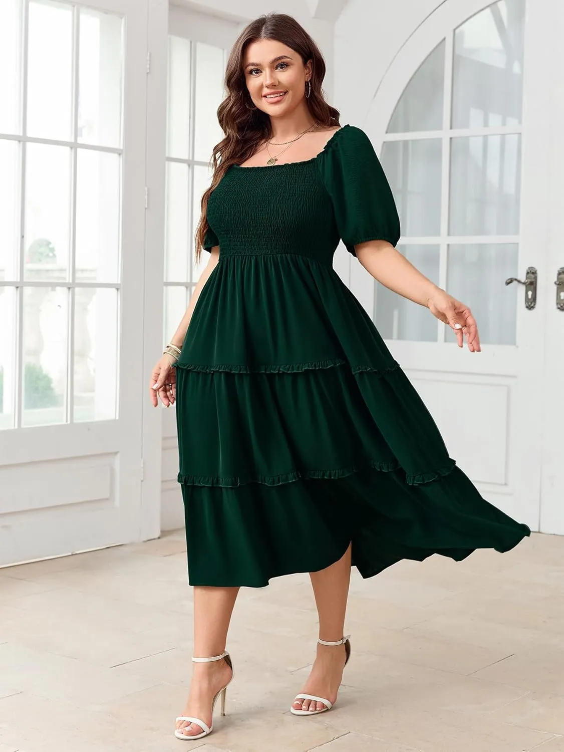 Women's Plus Size Wedding Guest Dress Midi Smocked Square Neck Short Sleeve Tiered Ruffle Casual Dresses