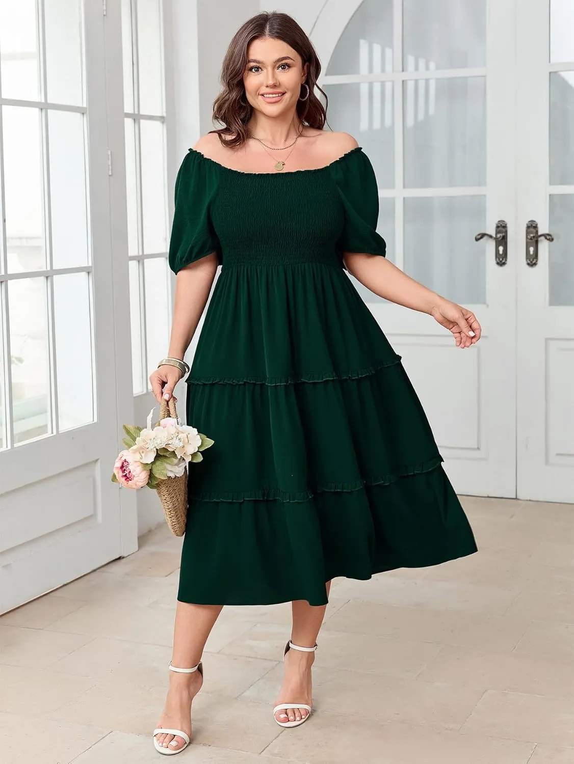 Women's Plus Size Wedding Guest Dress Midi Smocked Square Neck Short Sleeve Tiered Ruffle Casual Dresses