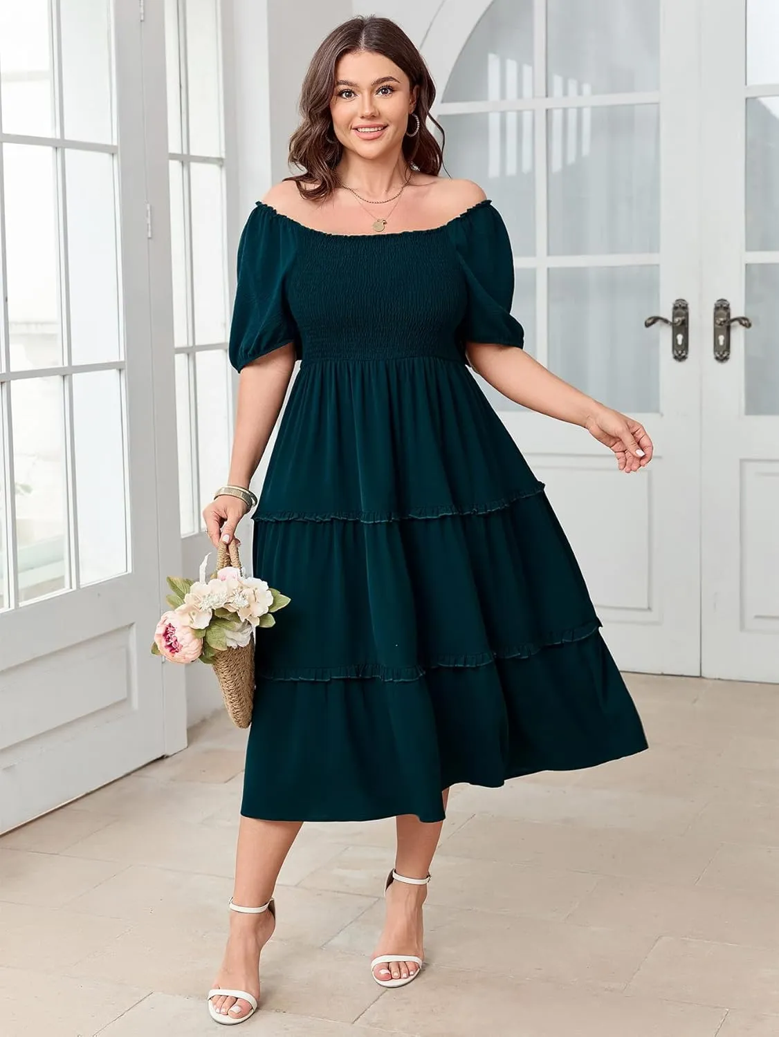 Women's Plus Size Wedding Guest Dress Midi Smocked Square Neck Short Sleeve Tiered Ruffle Casual Dresses