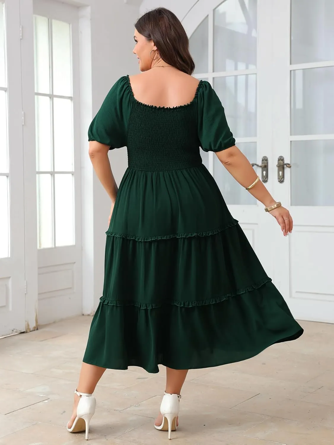 Women's Plus Size Wedding Guest Dress Midi Smocked Square Neck Short Sleeve Tiered Ruffle Casual Dresses
