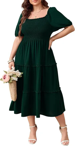 Women's Plus Size Wedding Guest Dress Midi Smocked Square Neck Short Sleeve Tiered Ruffle Casual Dresses