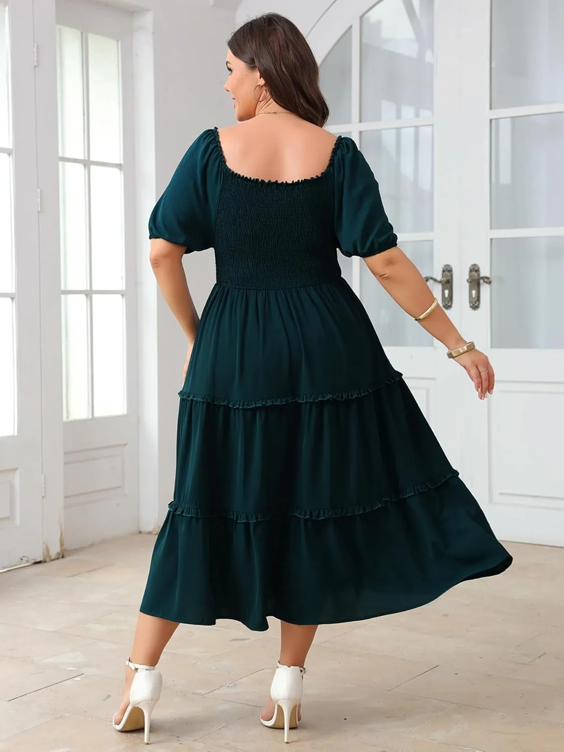 Women's Plus Size Wedding Guest Dress Midi Smocked Square Neck Short Sleeve Tiered Ruffle Casual Dresses
