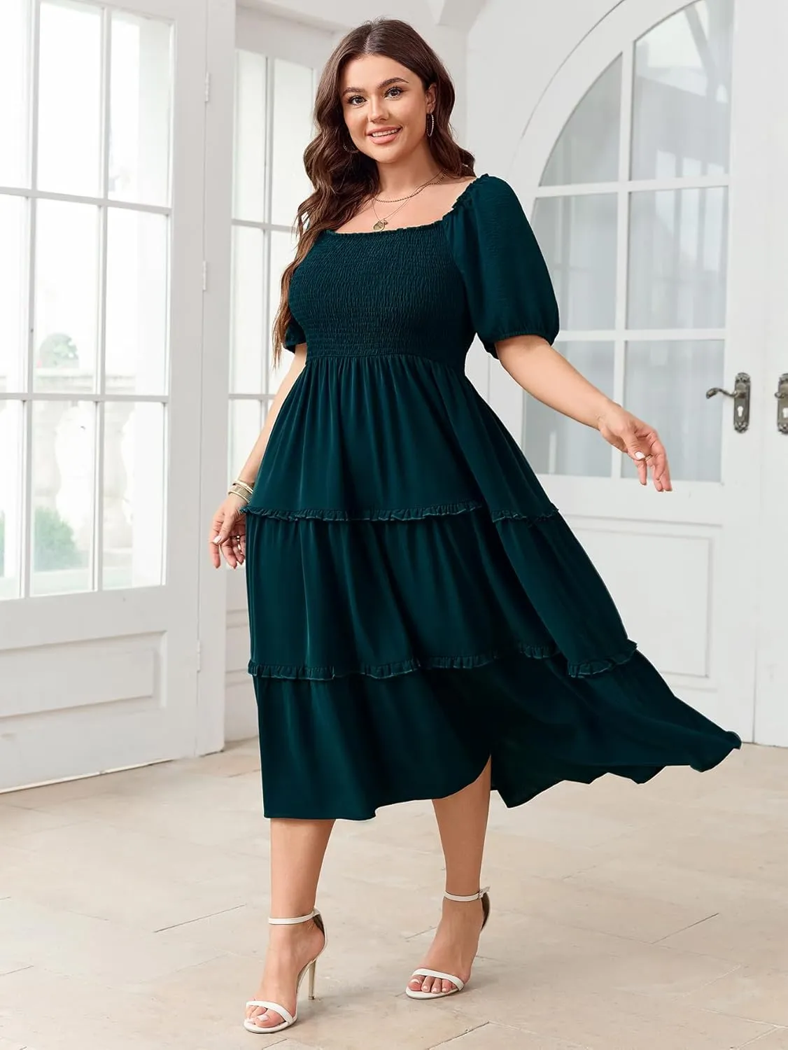 Women's Plus Size Wedding Guest Dress Midi Smocked Square Neck Short Sleeve Tiered Ruffle Casual Dresses