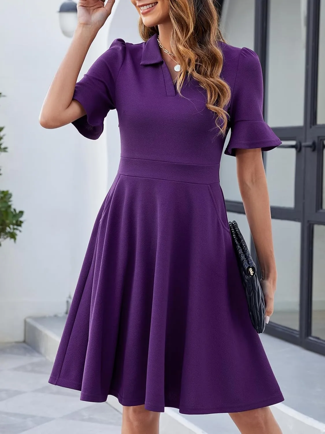 Womens Summer Ruffle Sleeve Collared V Neck Fit and Flare Elegant A line Swing Dresses with Pockets