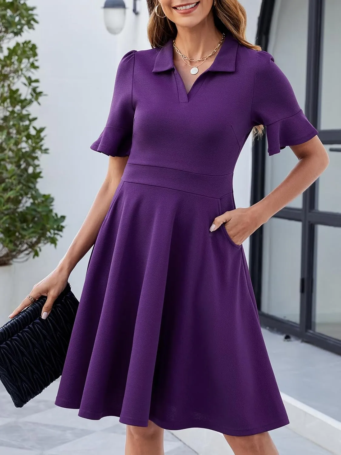 Womens Summer Ruffle Sleeve Collared V Neck Fit and Flare Elegant A line Swing Dresses with Pockets
