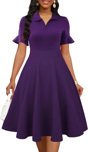 Womens Summer Ruffle Sleeve Collared V Neck Fit and Flare Elegant A line Swing Dresses with Pockets