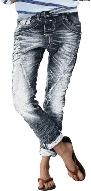 Womens Trendy Stretchy Low Rise Button Straight Leg Distressed Jeans Stylish Vintage Casual Loose Denim Pants