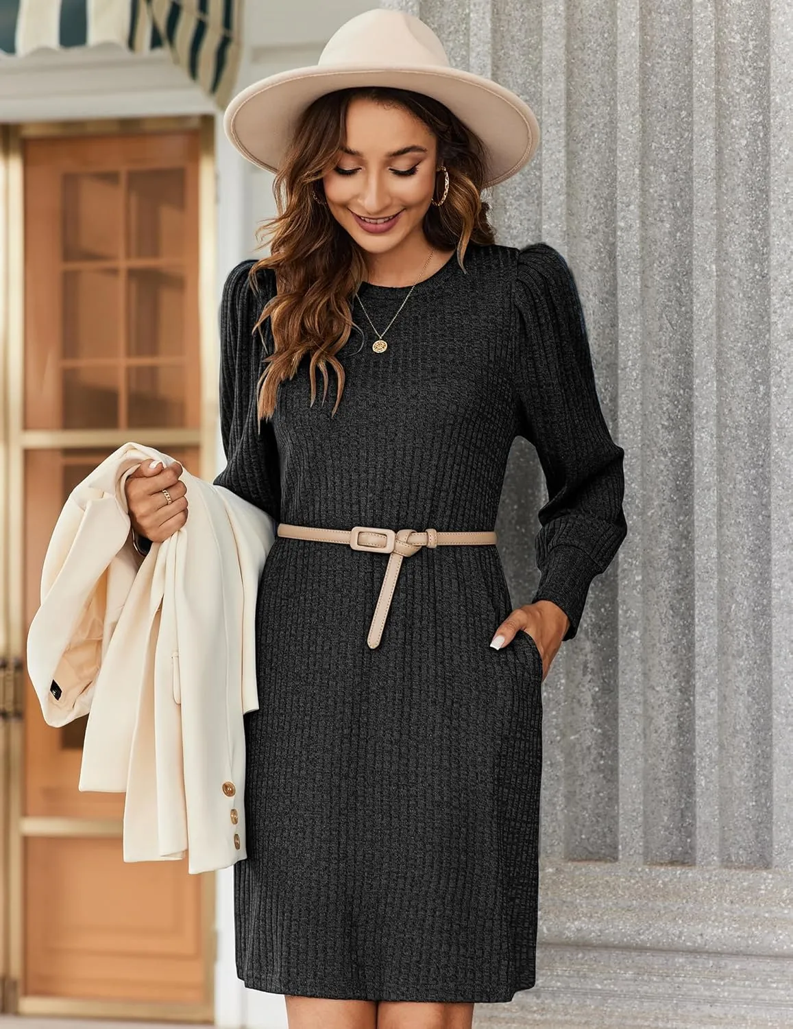 Zeagoo Women's Knit Dress with Puff Sleeves for Fall & Winter - Round Neck Casual Tunic Dress