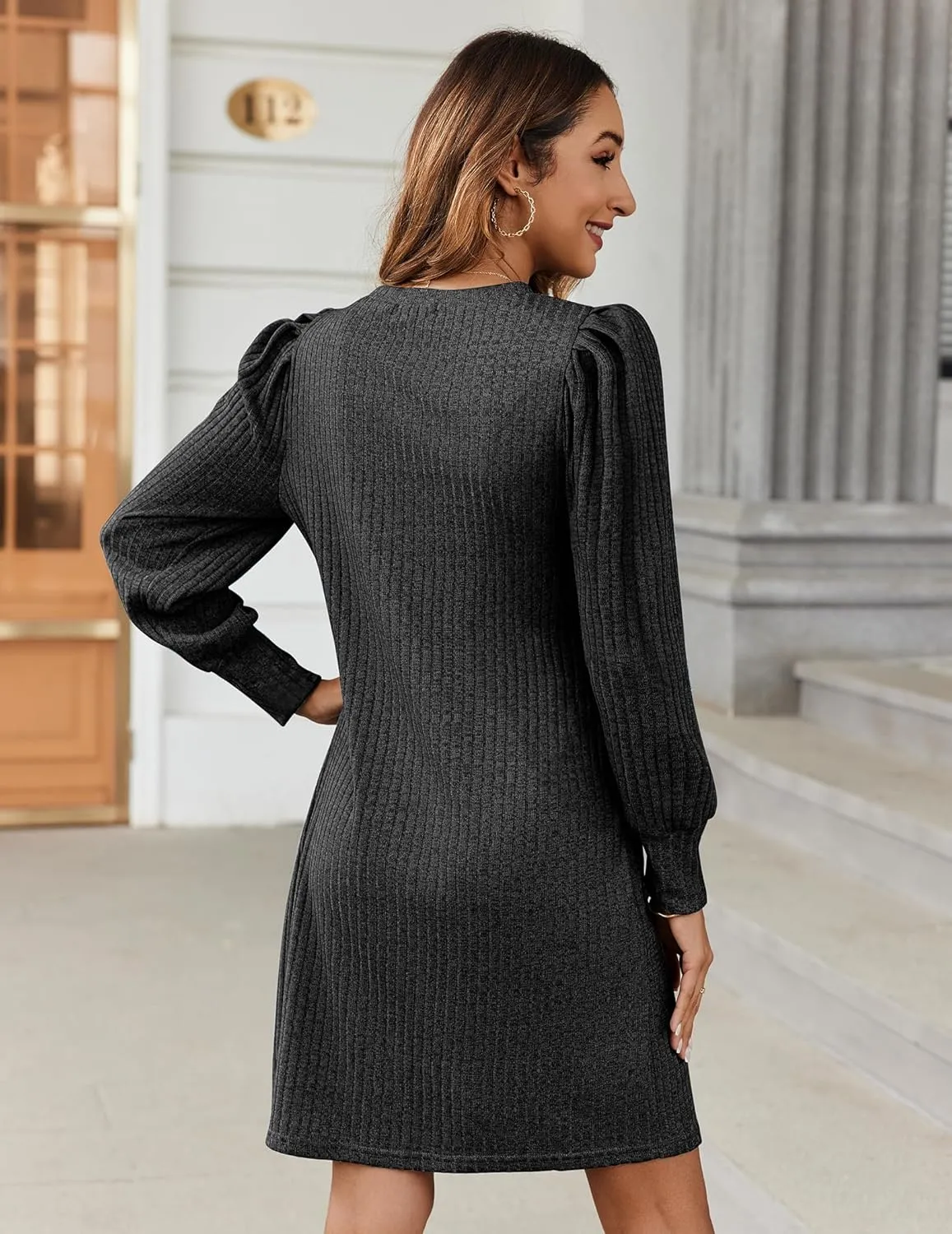Zeagoo Women's Knit Dress with Puff Sleeves for Fall & Winter - Round Neck Casual Tunic Dress