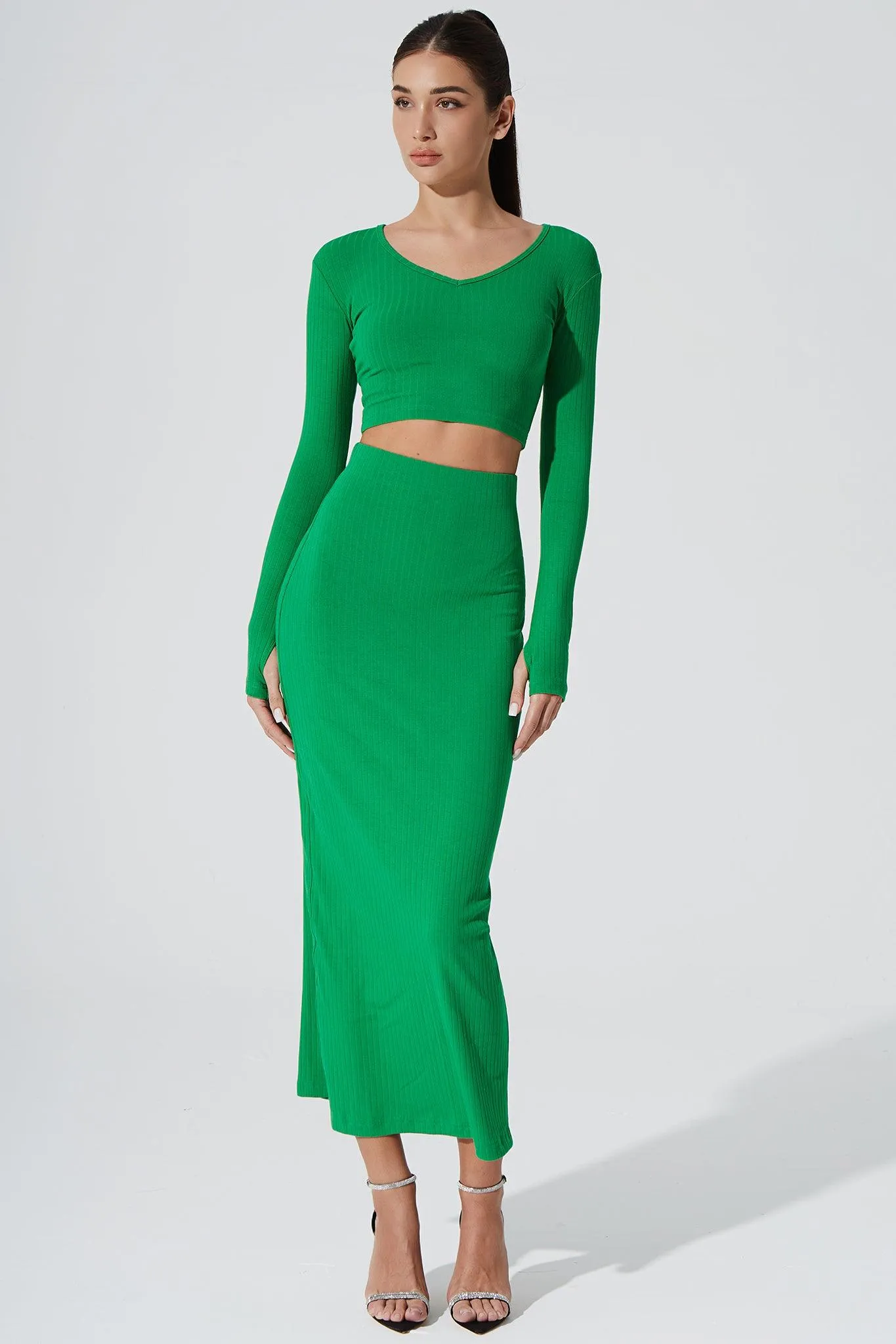 Zeya Knitted Long Sleeve Crop Top - Fern Green